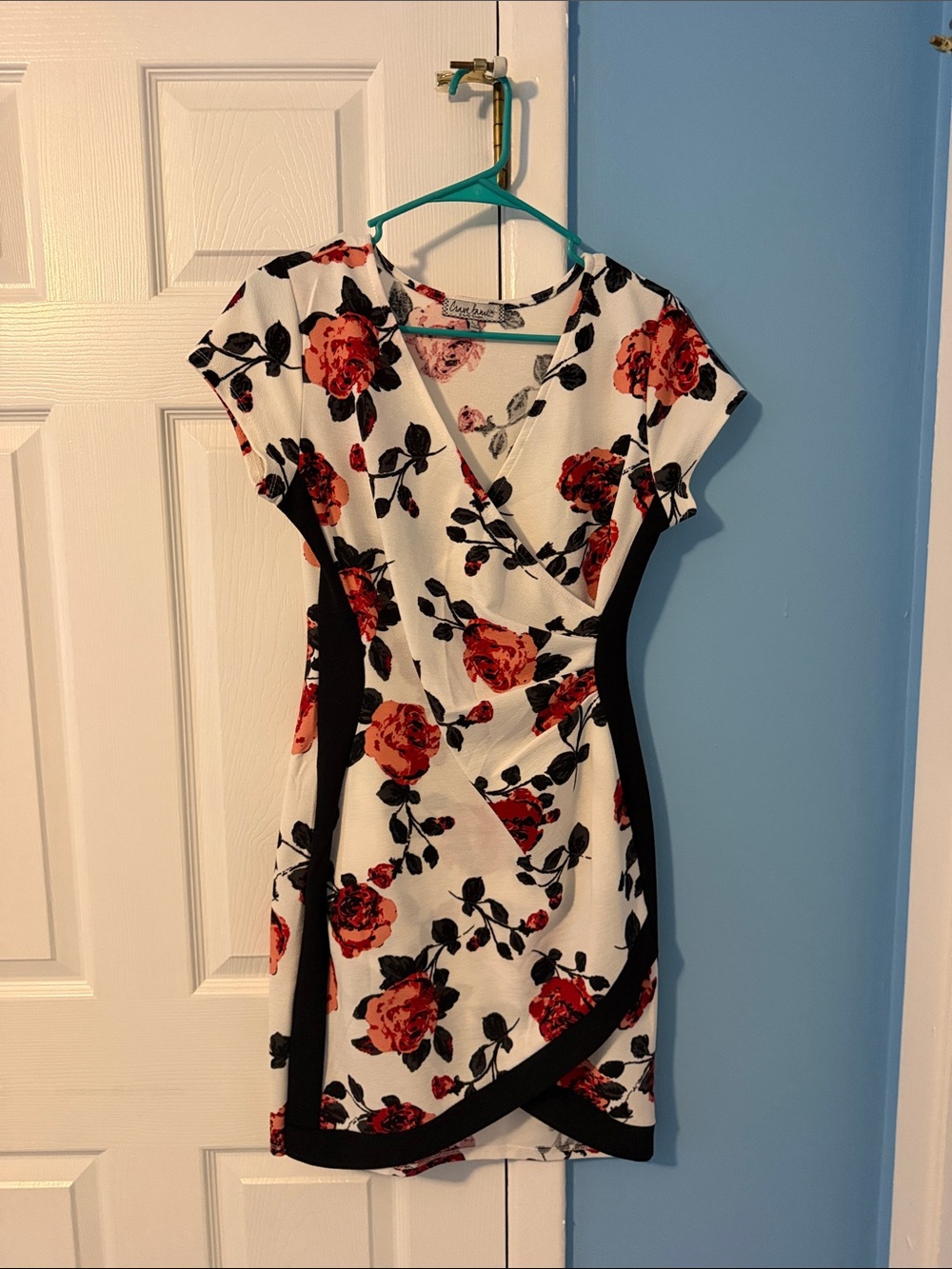 Crave Fame White Dress with Red Floral Print and Black Panels